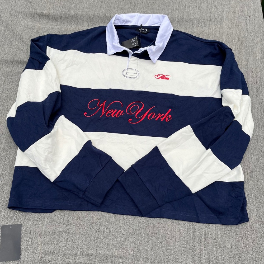 BoohooMAN Mens XL Rugby Shirt Navy White Striped New York Embroidered LS Polo